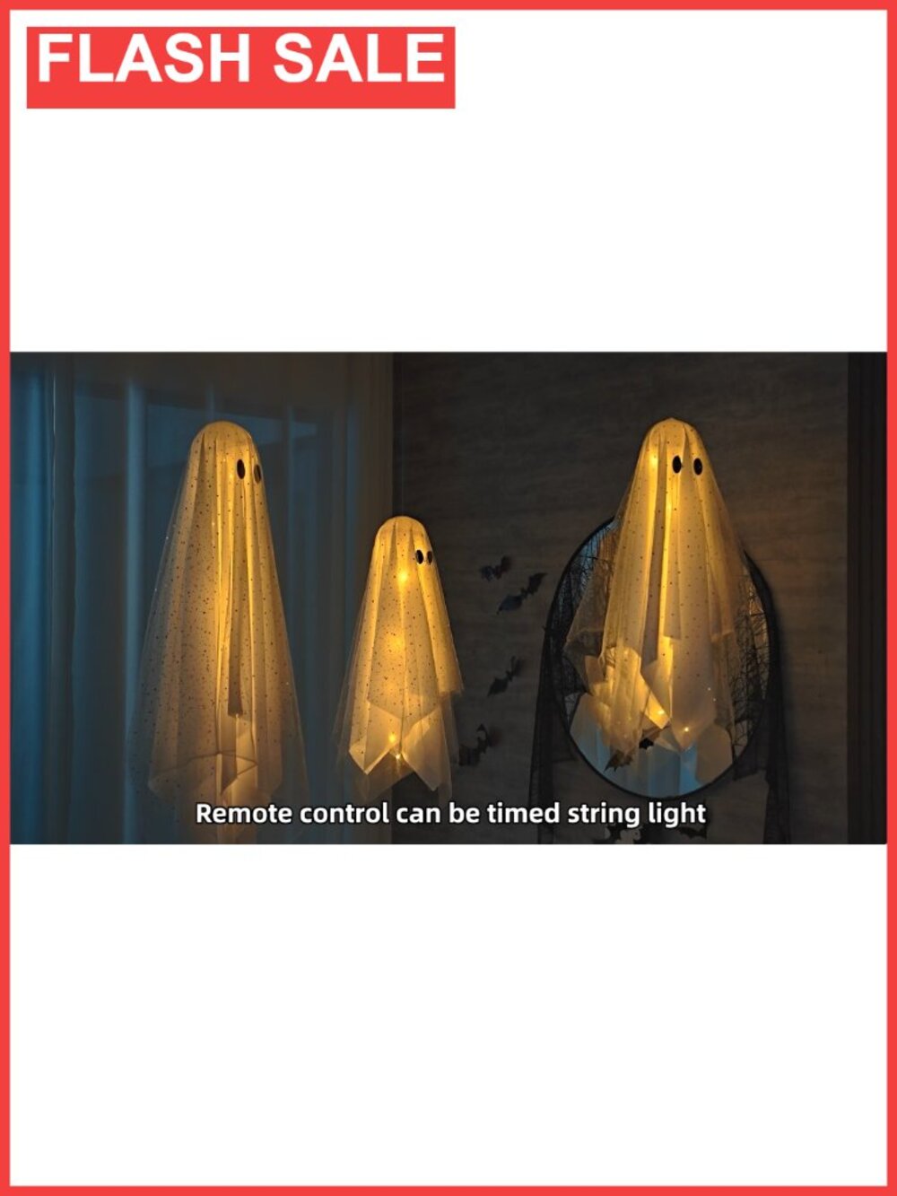 3pc Hanging Ghost Decor Set with Remote Timer String Lights - Picture 6 of 6